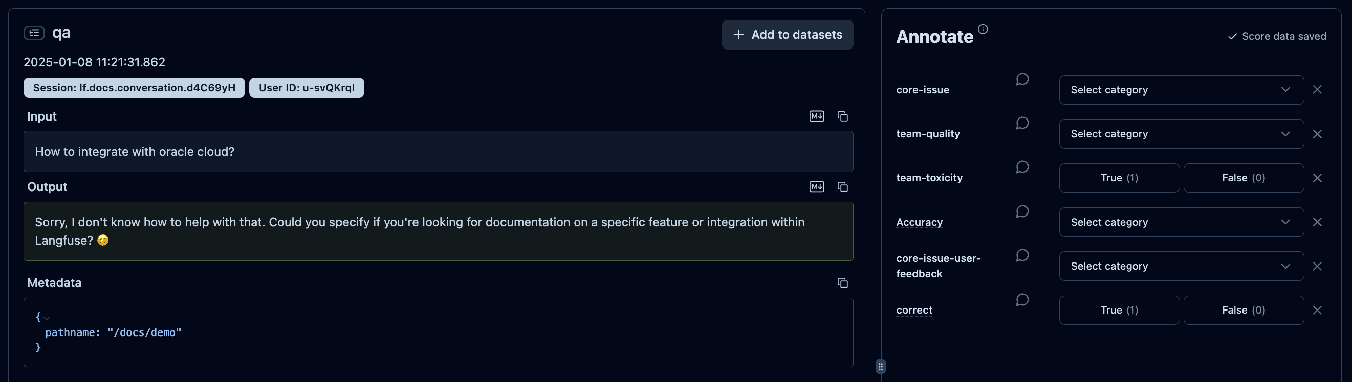 Example of a human annotation workflow in Langfuse